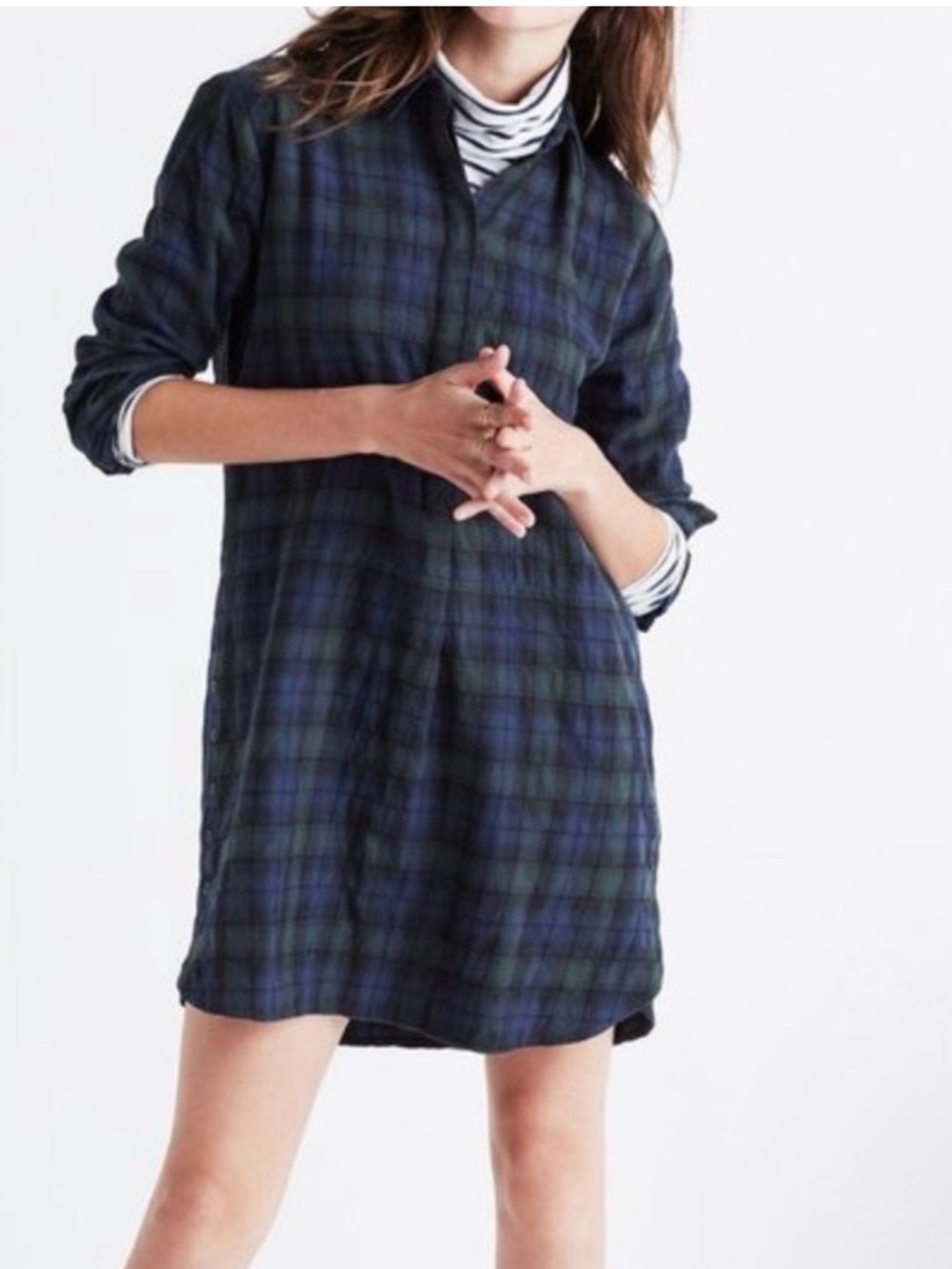 Madewell Plaid Button-Front Tunic Shirt Dress - Navy & Forest Green